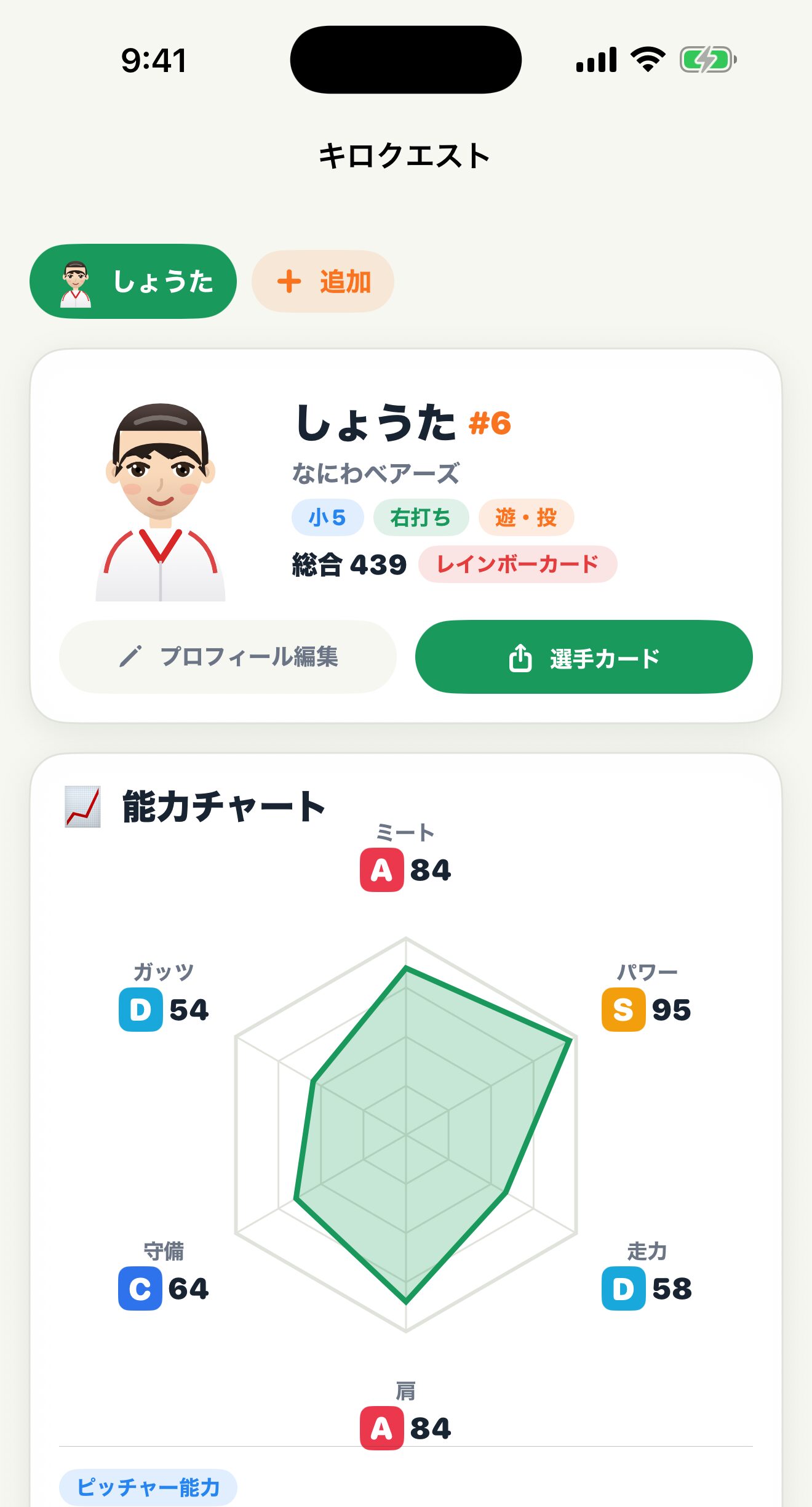 キロクエスト ホーム画面と能力チャート