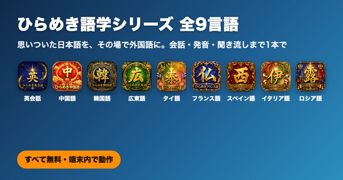 ひらめき語学シリーズ全9言語のアプリアイコン一覧