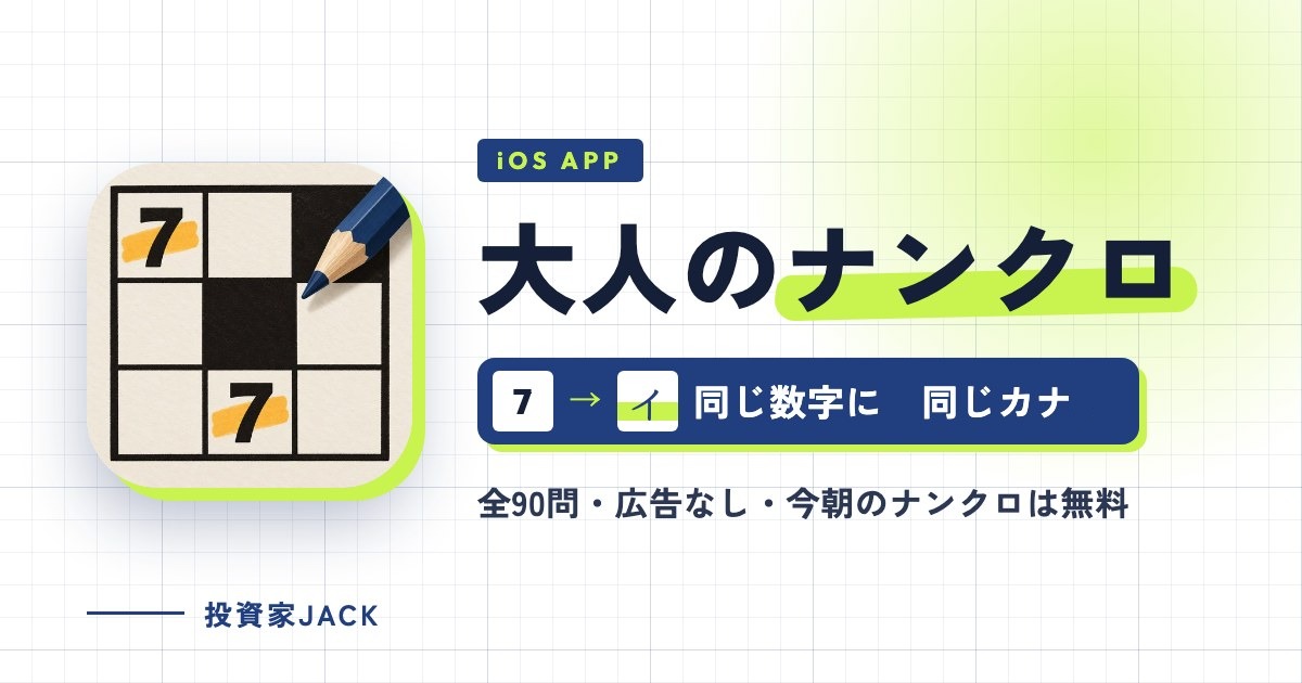 大人のナンクロ アプリのアイキャッチ（同じ数字に同じカナ・全90問・広告なし・今朝のナンクロは無料）