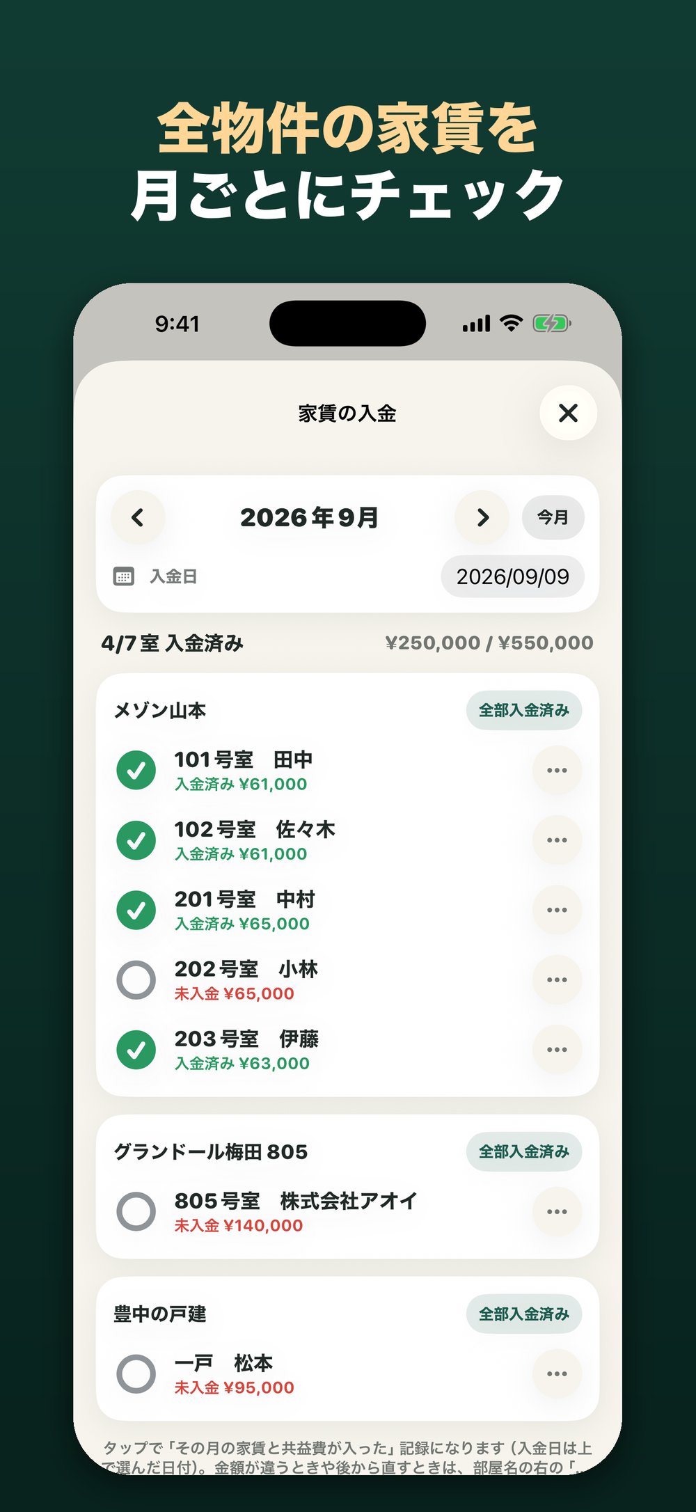 家賃の入金画面。部屋ごとに入金済みと未入金が並ぶ