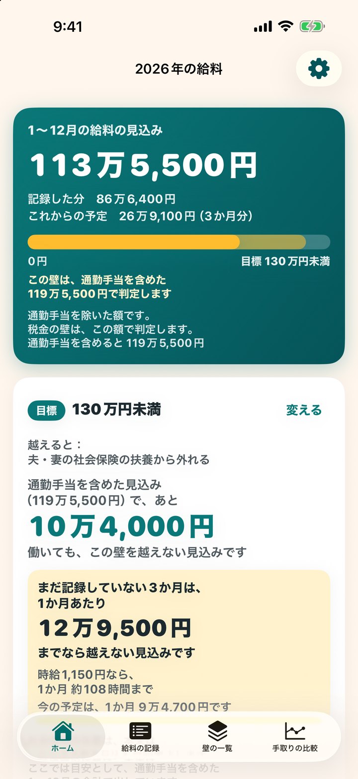 ホーム画面。1〜12月の給料の見込みと、130万円未満まであと10万4,000円の表示